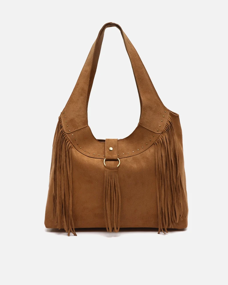 Seysino bolso de hombro grande efecto ante con flecos y detalles metálicos