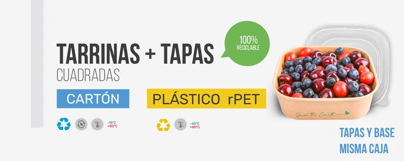 Tarrinas Cuadradas Kraft 650 ml + Tapa rPET