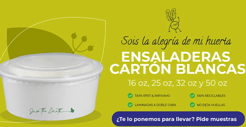 Ensaladera Blanca Cartón 750 ml + Tapa rPET Antivaho (200 unid/caja) (exclusivo online)