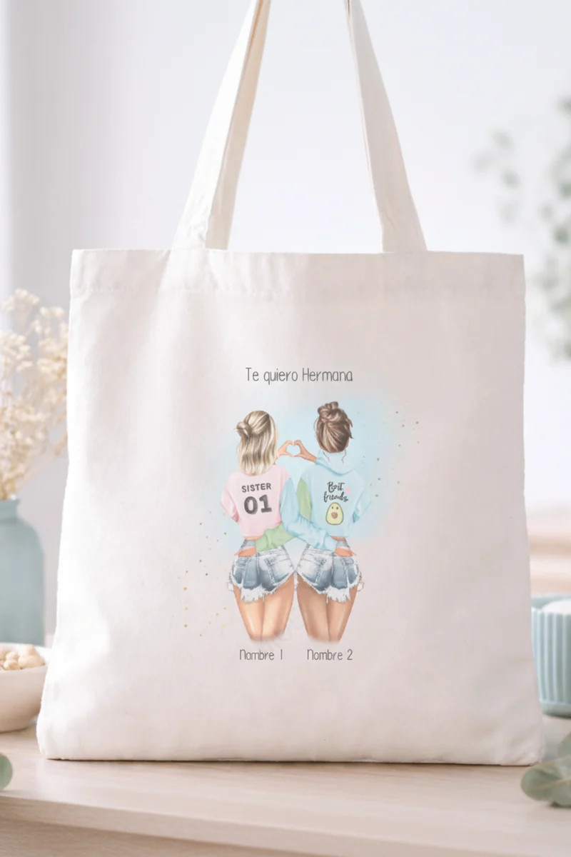 Totebag personalizada para amigas y hermanas – Ilustración editable online