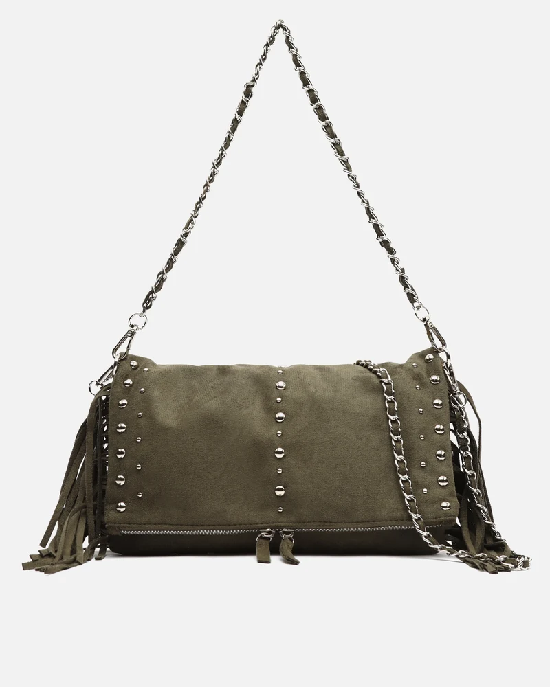 Flequichu bolso de hombro efecto ante con detalles metálicos y flecos