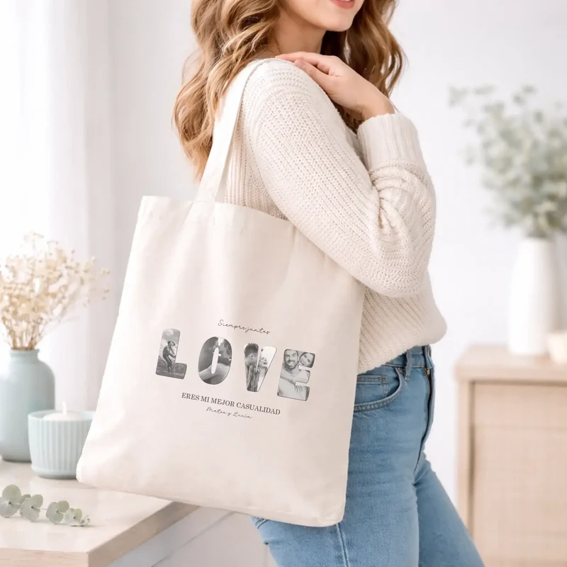 Bolsa tote personalizada con fotos y nombres – Regalo romántico para enamorados LOVE