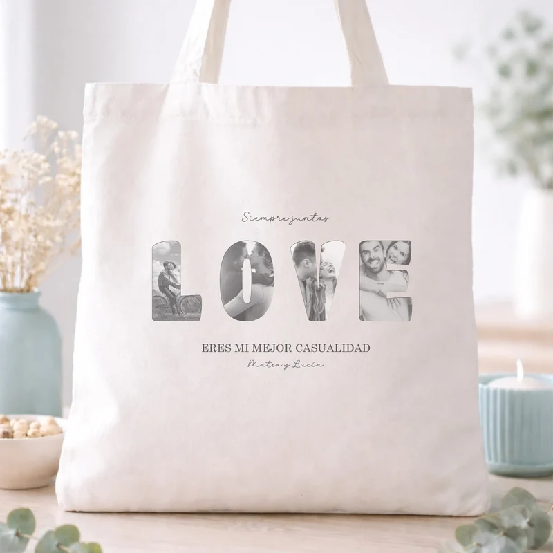 Bolsa tote personalizada con fotos y nombres – Regalo romántico para enamorados LOVE