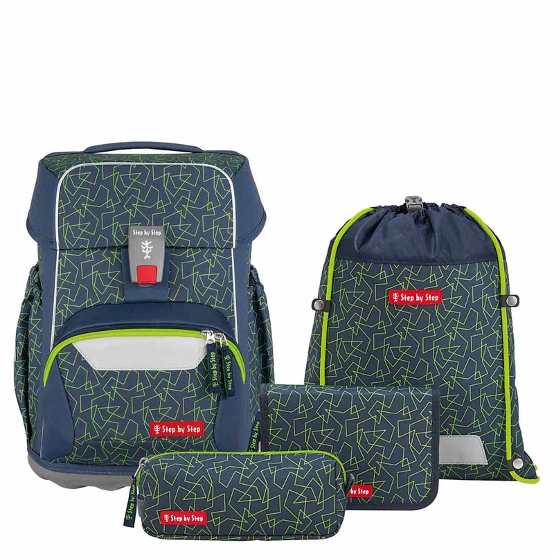Step by Step Basis - Set de mochila escolar 4 piezas (Green Geometric)