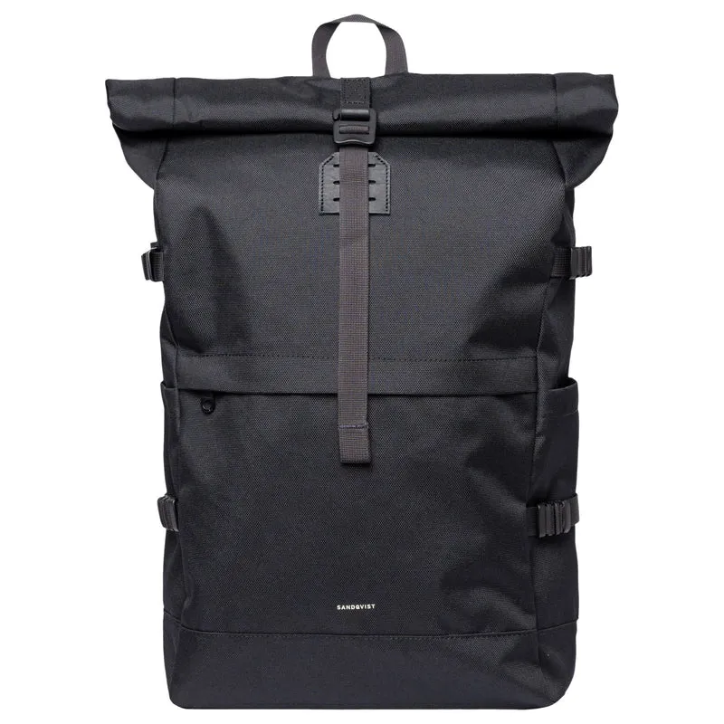 Sandqvist Icon Rolltop - Mochila L 16" 65 cm expandible (black/ black with black leather)