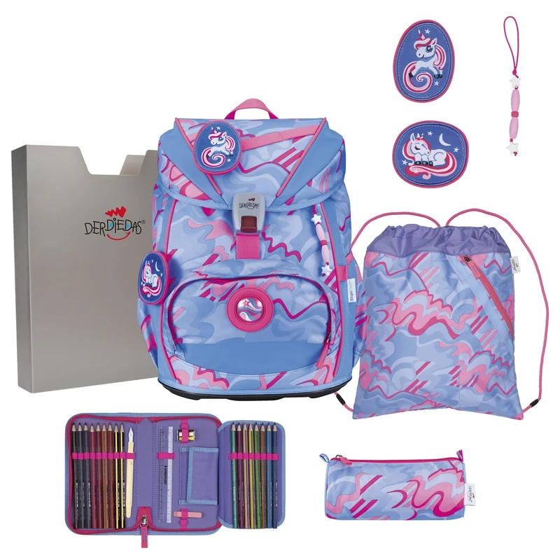 DerDieDas ErgoFlex Light Exklusiv Superflash - Mochila escolar Set 5tlg. 800g (Magic Unicorn)