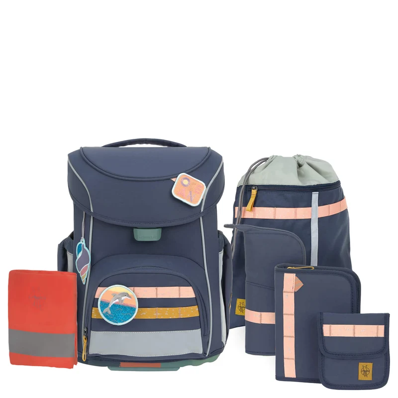 Lässig School Set Slim Unique - Set de mochila escolar 7 piezas (Navy)