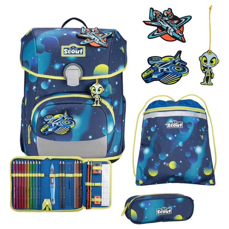 Scout Neo Exklusiv LED - Set de mochila escolar 4 piezas (Planets)