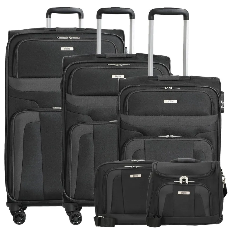 Skyline Orlando - Juego de maletas de 4 ruedas L med./M. med./S + Bolsa de mano + Neceser 5 piezas (negro)