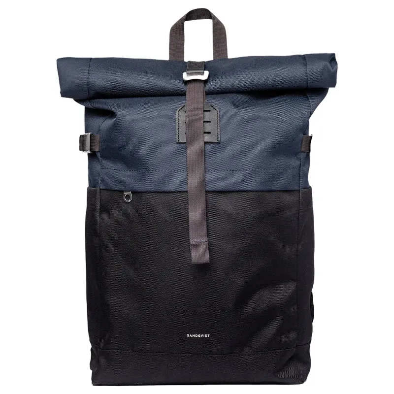 Sandqvist Icon Rolltop - Mochila M 14" 60 cm (multi negro/ azul marino con cuero negro)