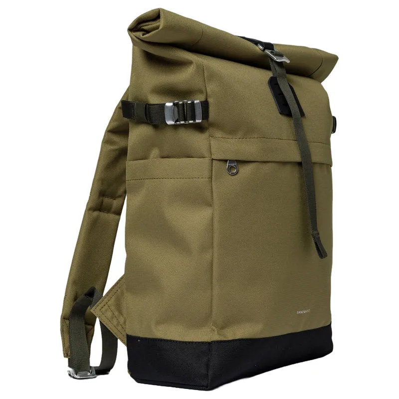Sandqvist Icon Rolltop - Mochila M 14" 60 cm (verde oliva con cuero negro)