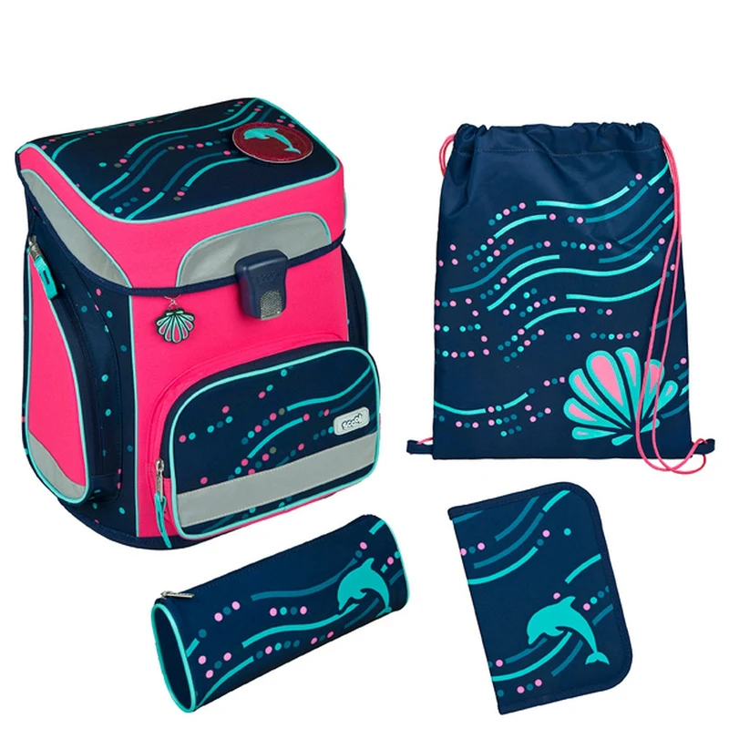 Scooli EasyFit Glow DIN - Set de mochila escolar 5 piezas (Dotty Dolphin)