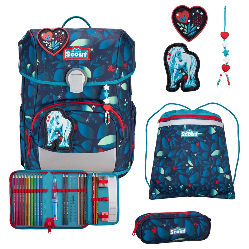 Scout Neo Exklusiv LED - Mochila escolar Set 4tlg. (White Unicorn)
